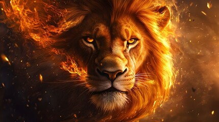 Naklejka premium front view of Lion king in fire, Portrait on black background, wild animal concept