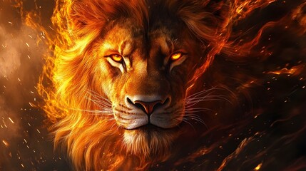 portrait of a fire lion, wild animal concept