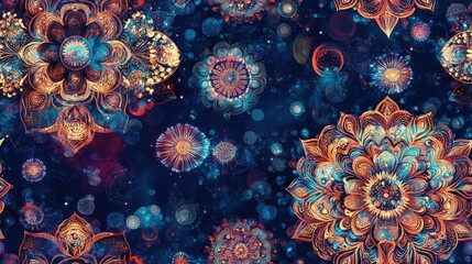 Bohemian ethnic seamless pattern featuring mandala design in an oriental style with bokeh texture