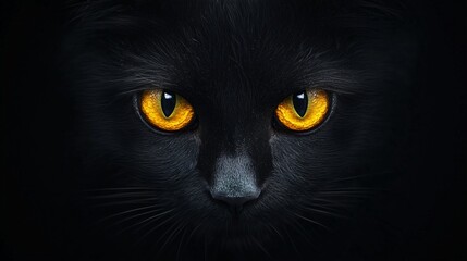 Closeup photo of black cat with yellow eyes