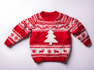 Red knitted Christmas ornated sweater isolated on white, winter holiday clothes. New year symbol. Knitwear. Traditional decorated jumper.