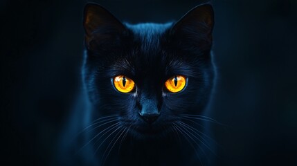 Closeup photo of black cat with yellow eyes