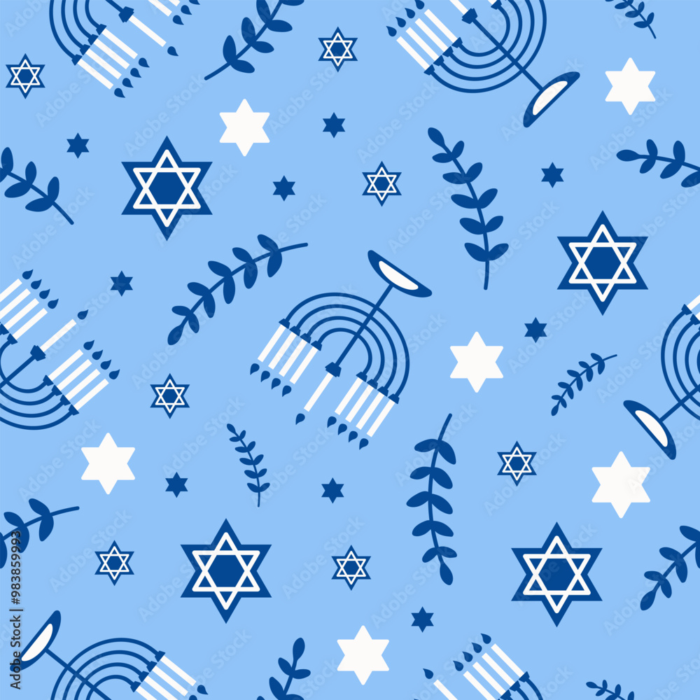 Poster happy hanukkah seamless pattern with creative symbols on blue background. modern festive design for 