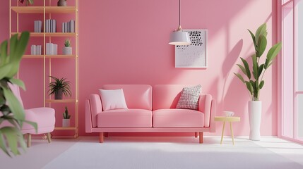 Cheerful interior with pink armchair, green pouf, tropical plants, and colorful walls, ai generated.