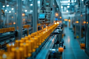 Fototapeta premium Automated Assembly Line with Robotic Arm and Conveyor Belt