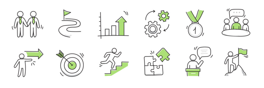 Doodle career icon set. Success winner, business goal, challenge hand drawn sketch line pen stroke style icon. Professional business career, goal sketch doodle drawn collection. Vector illustration