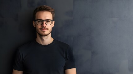 Obraz premium Portrait of a Young Man with a Black T-Shirt and Glasses Against a Dark Background