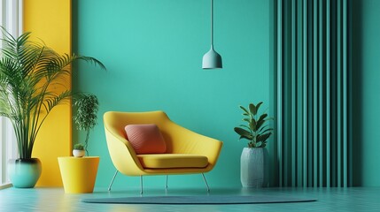 Interior with yellow armchair, red cushion, green plants, and turquoise walls, ai generated.