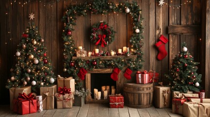 Christmas Fireplace Decor with Garlands, Gifts and Christmas Trees.