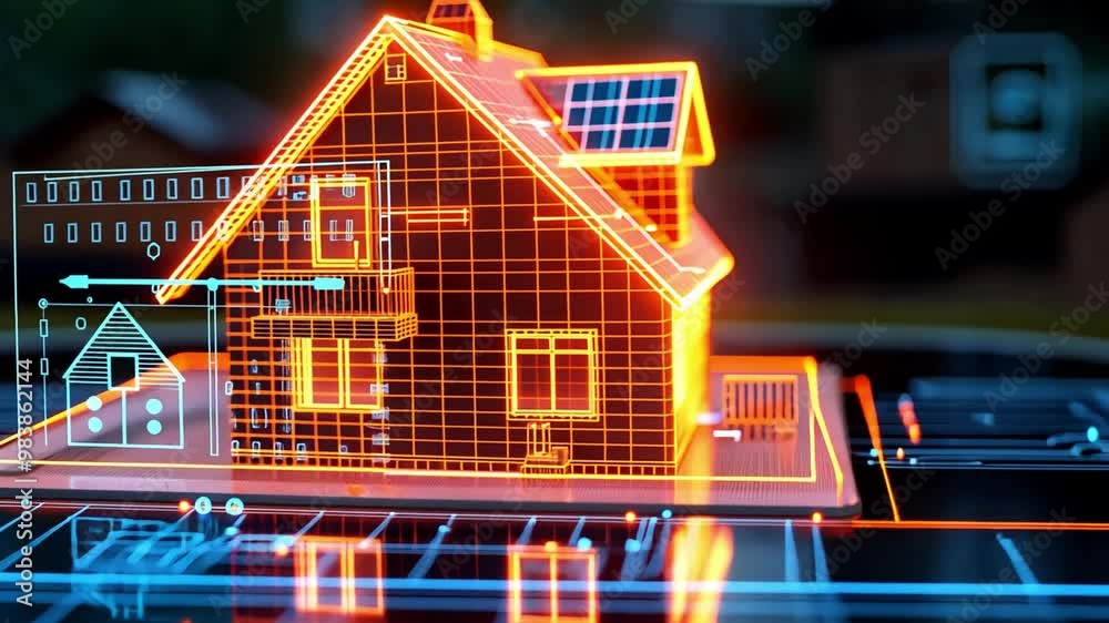 Aufkleber a digital representation of a smart home highlights its energy-efficient features, including solar p