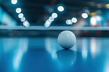 A Single White Ping Pong Ball on a Blue Table with Blurred Lights in the Background