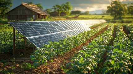 Solar Panels in Field of Green Plants