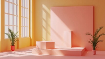 Minimalist space with pink geometric shapes, yellow walls, and lush green plants. AI generated.