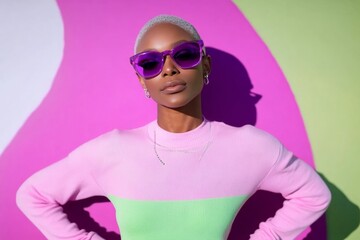 Confident African American Woman with Silver Bob in Vibrant Neon Clothing Posing Against Bold Background