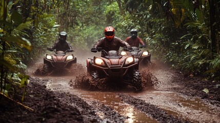 A group of adventurers riding ATVs through a muddy jungle trail, splashing through puddles with lush greenery surrounding them and excitement on their faces.