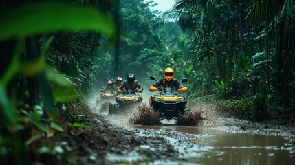 A group of adventurers riding ATVs through a muddy jungle trail, splashing through puddles with lush greenery surrounding them and excitement on their faces.