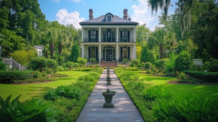 Beautiful southern style mansion with ornate ironwork at sunset