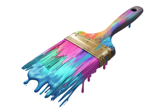 A colorful paintbrush dripping with vibrant hues of pink, green, and purple, resting on a clean white surface, highlighting the creativity and artistic expression involved in painting