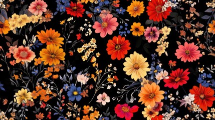 Floral textile design with black background for digital print