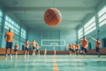 Naklejka premium A Basketball Soaring Above Blurred Players in a Gymnasium