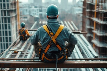A construction worker in full protective gear, including a yellow hard hat