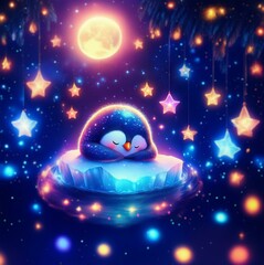 Naklejka premium A sleeping penguin rests on a blue iceberg, surrounded by a glowing, starry night sky.