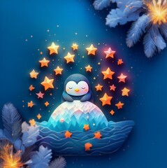 A cartoon penguin is sleeping on a snowy mountain while surrounded by glowing stars on a blue background.