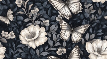 Fototapeta premium Beautiful butterflies soaring through a floral jungle design ideal for book pages Fantasy inspired illustration in black gray and white hues Seamless colorful pattern