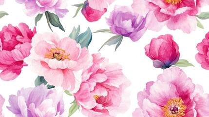 Fototapeta premium Watercolor pattern featuring wildflower peonies Aquarelle floral design suitable for backgrounds textures wrappers patterns frames or borders