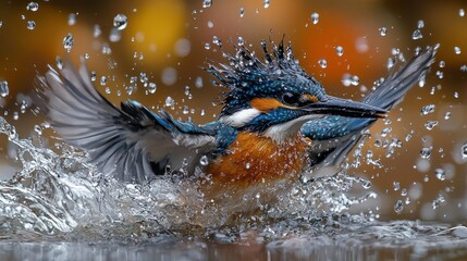Obraz premium Dynamic Close-Up of Belted Kingfisher Diving into River with Splashing Water - Moment of Impact Captured in Detail