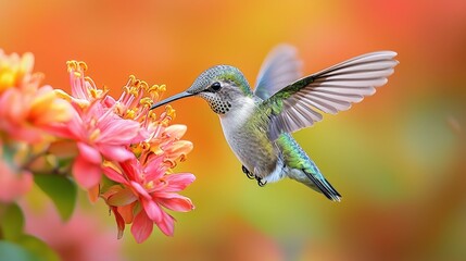 Fototapeta premium Graceful Hummingbird in Motion: Vibrant Colors and Rapid Wing Movement while Sipping Nectar from Flower