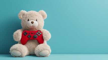 Obraz premium A cute teddy bear holding a red video game controller, set against a calming turquoise background.