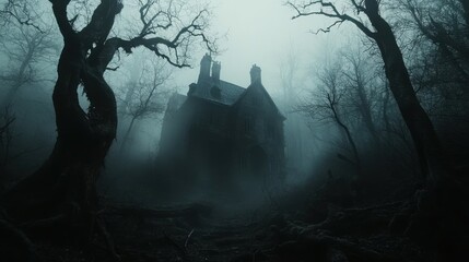 A dark, misty forest with towering, leafless trees, twisted branches, and eerie shadows. In the background, a haunting silhouette of a crooked, abandoned house can be seen through the fog, leaving