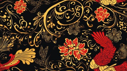 Batik wayang and floral seamless pattern 16