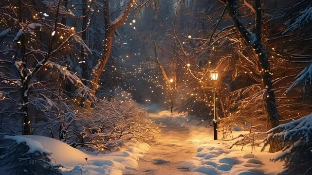 Snowy path through a forest at night, lit by twinkling lights, creating a magical winter wonderland scene perfect for a romantic stroll