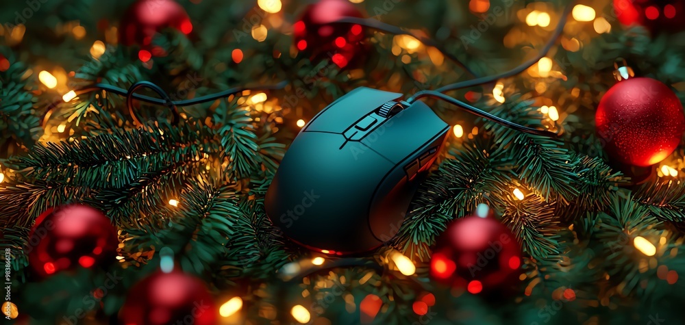 Wall mural a sleek gaming mouse nestled in festive pine branches adorned with red ornaments and twinkling light