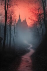 A spooky forest path winding through tall, bare trees under a blood-red sky. In the distance, the faint outline of a haunted house emerges from the fog, with the foreground left open for copy space