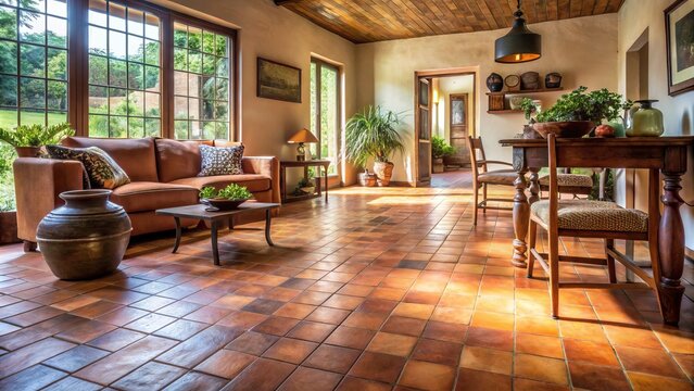 Rustic terracotta floor tiles radiate warmth with their earthy brown color, creating a comfortable and inviting