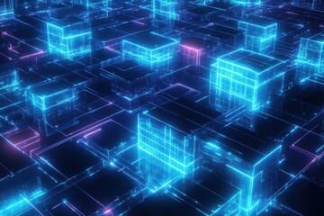 A digital grid structure featuring multiple glowing blocks that rise above the grid lines,