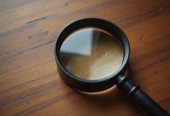 Magnifying glass a wooden table, overhead view. Search concept