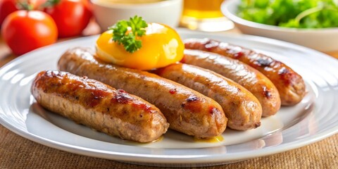 Savory breakfast sausage assumes a proud position on a spotless white plate, its juicy interior glistening with