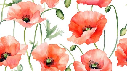 Obraz premium Watercolor pattern featuring wild poppy flowers Aquarelle design suitable for backgrounds textures wrapping patterns frames or borders