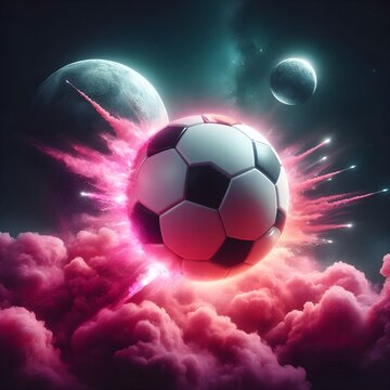 Photo-realistic soccer ball planet, Soccer ball with cosmic effects, Pink smoke and explosions in space