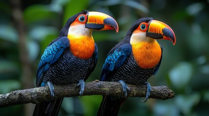 Fototapeta premium Vibrant Close-Up of Exotic Toucan on Branch with Colorful Beak and Detailed Feathers