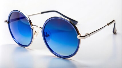 Silky blue sunglasses adorn a pristine white background, their oversized round frames gleaming with subtle curves and