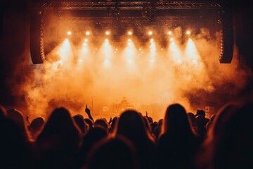 Silhouetted Crowd Facing a Stage with Smoke and Lights