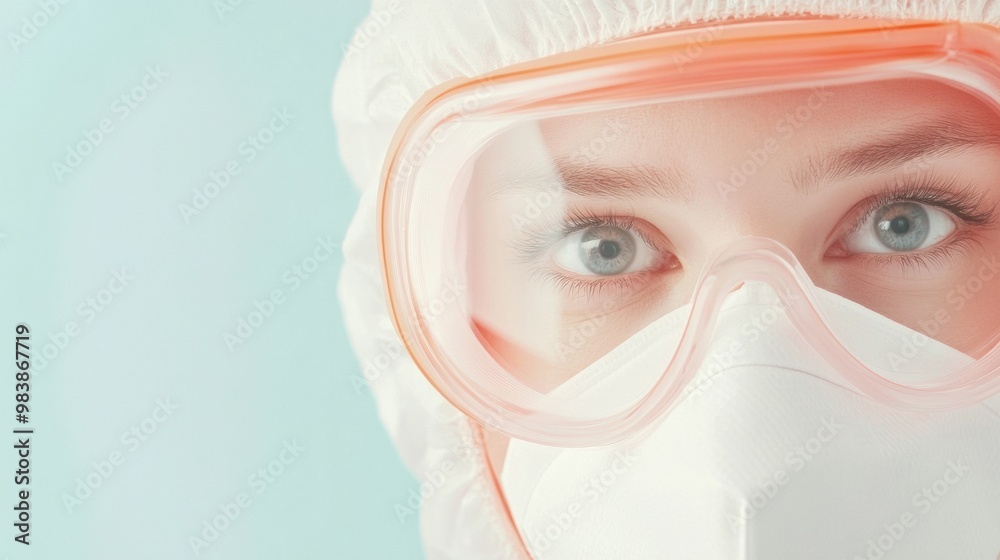 Poster close-up of scientist in protective gear with mask and goggles