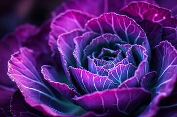 Obraz premium close-up shot of an ornamental cabbage with vibrant purple leaves and intricate patterns 