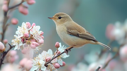 Fototapeta premium Graceful Willow Warbler Among Blossoms: A Close-up of Vibrant Nature's Beauty