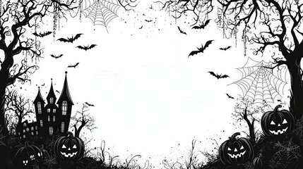 Halloween Haunted House Silhouette With Bats  Pumpkins  and Spiderwebs